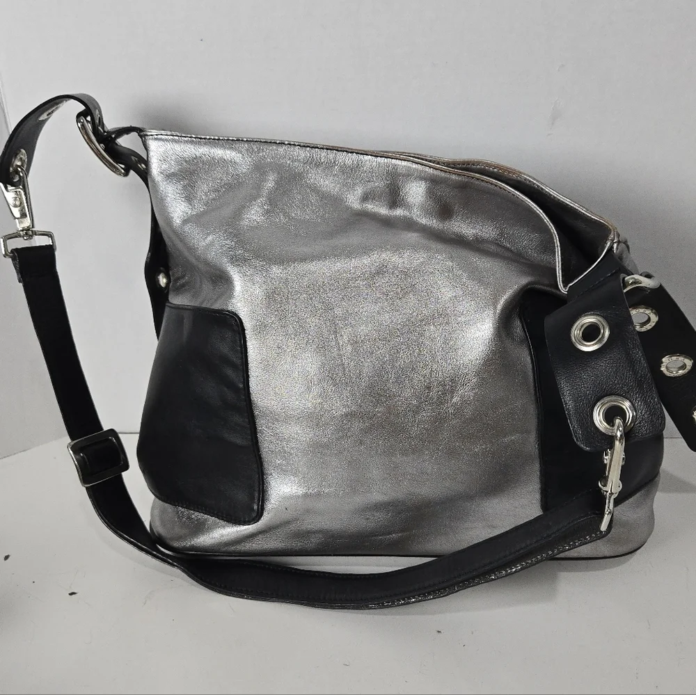Silver and Black Leather Hobo Bag Purse